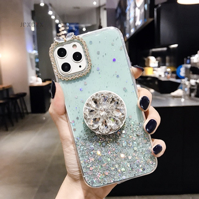 Glitter Marble Diamond Ring Holder silicone iPhone case - Womenwares.com